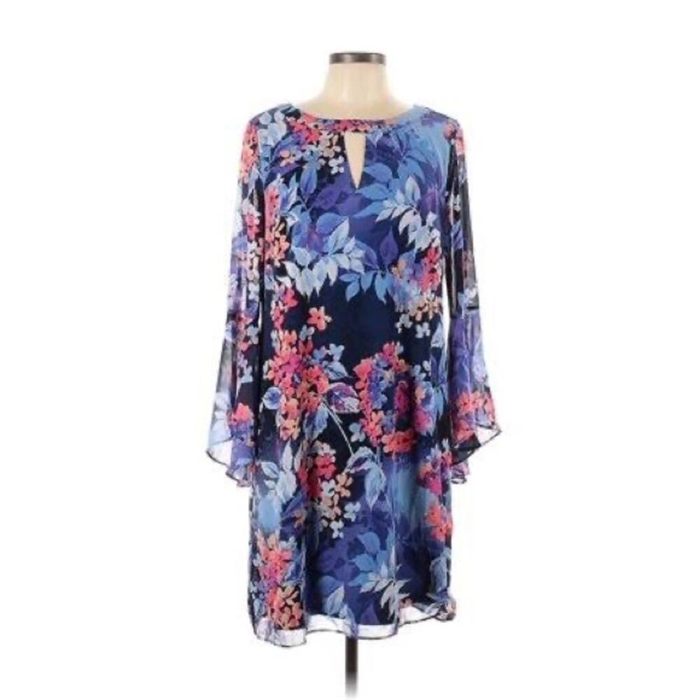 Roz & Ali blue and pink floral bell sleeve cut out mini dress